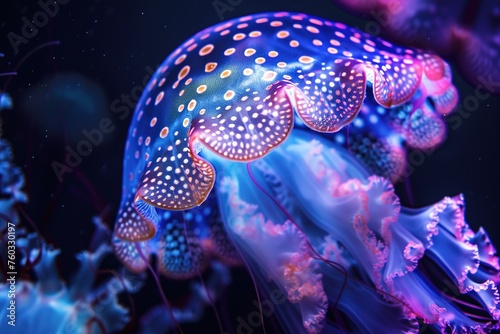 A luminous jellyfish glides under the ocean's surface, its tentacles trailing.