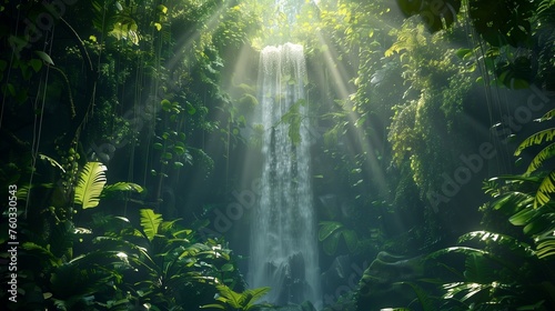 A hidden waterfall deep within a lush, tropical rainforest, surrounded by vibrant foliage and cascading vines, with sunlight filtering through the dense canopy above. © Ayesha