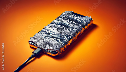 Modern Smartphone Wrapped in Aluminum Foil on Vibrant Orange Background photo