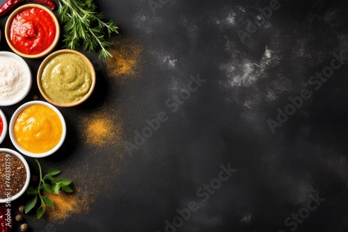 top view of condiments with copy space for text. Food background for stock photography. - generative ai
