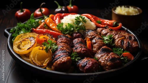 Traditional Bulgarian dish Meshans skara – mixed grilled meat, sausages and vegetables