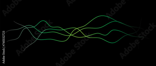 Abstract wavy dynamic blue green violet light lines curve banner on black background in concept technology, neural network, neurology, science, music, neon light photo