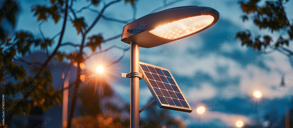 streetlight powered by solar panel - obrazy, fototapety, plakaty 