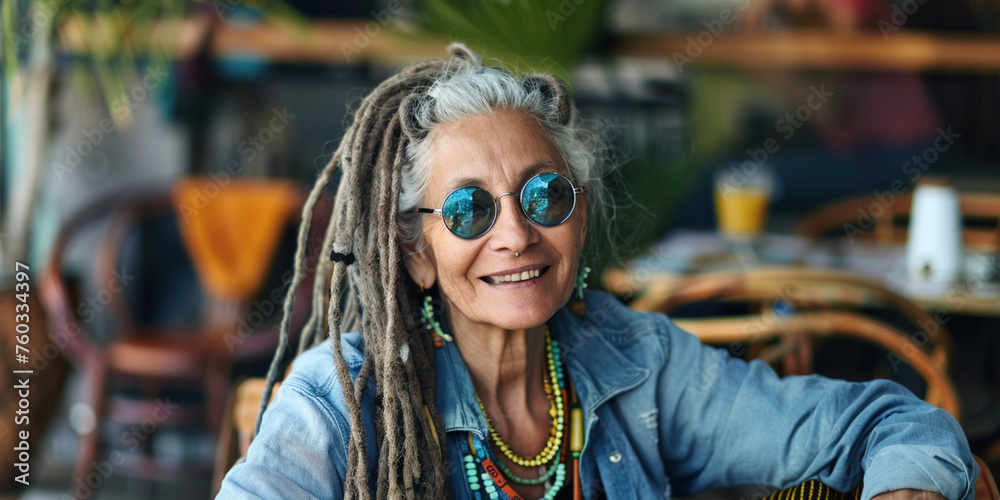 Fototapeta premium Senior smiling mature woman old lady with dreadlocks looking at the camera with a smile sitting in cafe. Lifestyle of freedom, self-expression hippies in nature.