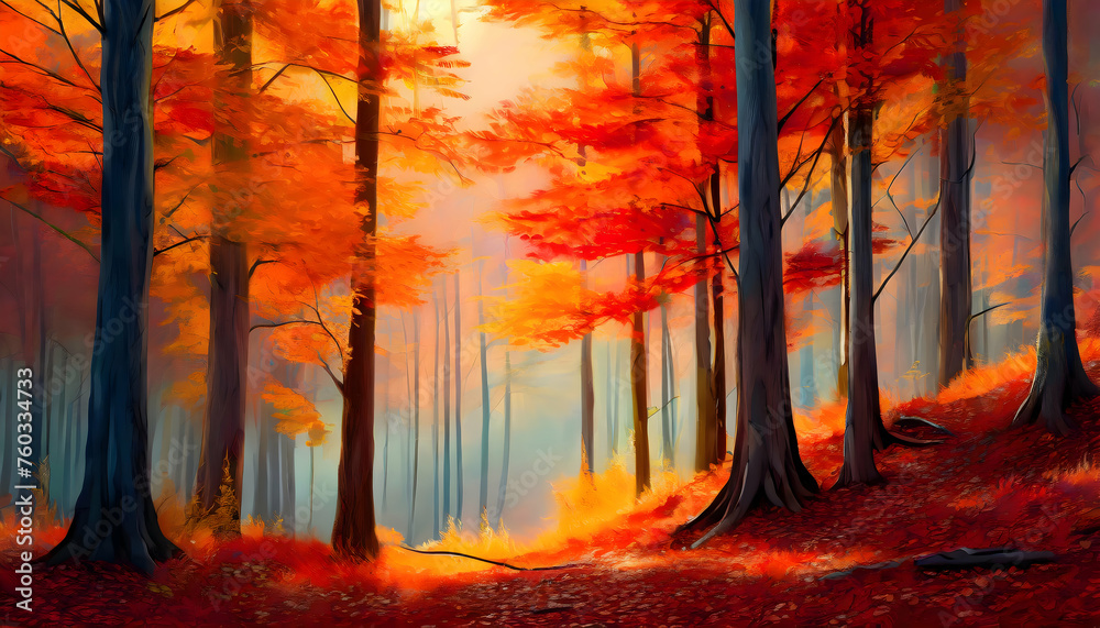 Abstract beautiful minimalist orange-red Autumn forest with close up colorful leaves on digital art concept, Generative AI.