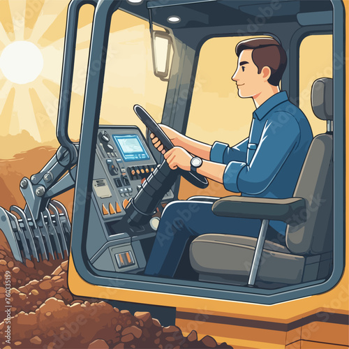 Excavator operator dashboard view cabin illustration