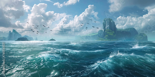 Ocean background, video game style graphics oceans level design backdrop illustration, gaming resources, scrolling platform, generated ai