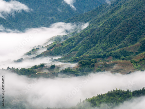 Rice Terraces on High Mountains in The Fog Covered