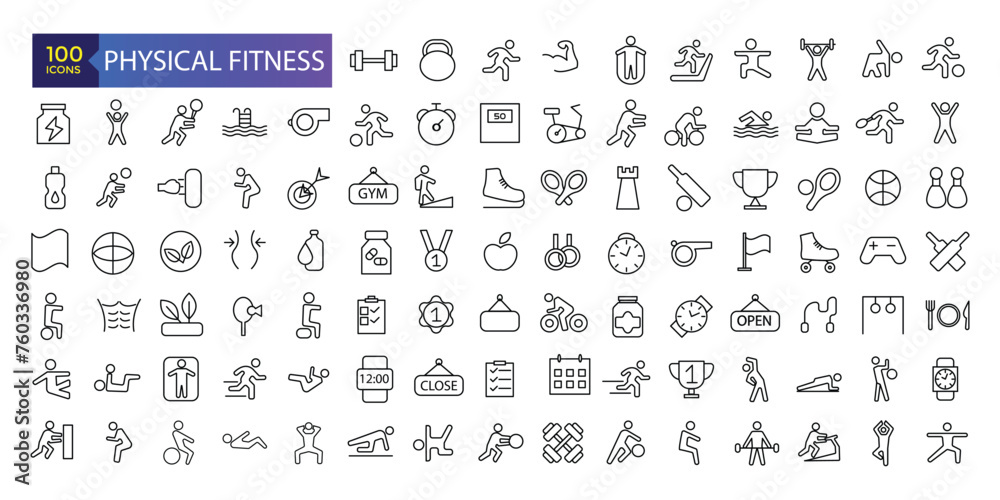Fitness and Gym line icons Vector Icons. Adjust stroke weight Related Vector Line Icons. Set of fitness gym equipment, sports recreation activity.