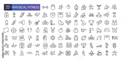 Fitness and Gym line icons Vector Icons. Adjust stroke weight Related Vector Line Icons. Set of fitness gym equipment  sports recreation activity.