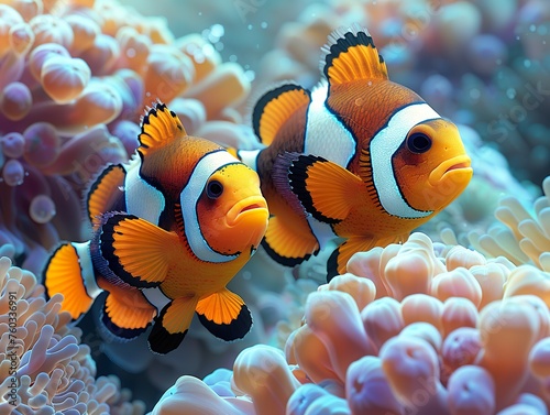 a pair of beautiful clownfish, corals, front on view, iridescent opalescent colours