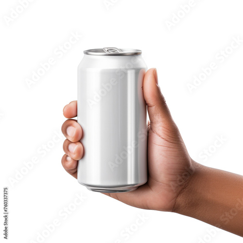 Hand holding blank cold drink can with copy space isolated on transparent png background generated by ai