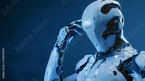 White male cyborg thinking and touching his headon dark blue background 3D rendering
