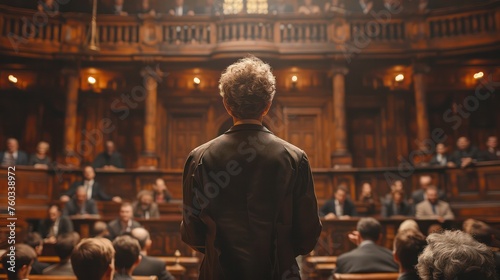 A man Standing in Front of a Crowded Courtroom