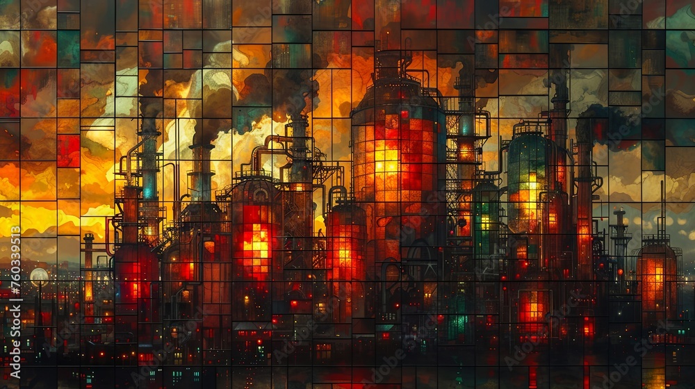 Artistic depiction of a city skyline and industrial silhouette against a vibrant, abstract sunset with reflections on water.