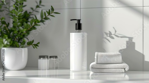 Modern bathroom accessories set on a marble counter. white dispenser and towels with plant accent. clean and minimalist design aesthetic. AI