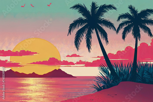Risograph digital illustration of tropical island with romantic sunset. Captivating tropical scene. 