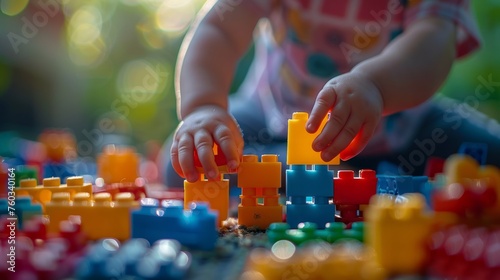 Toddler playing with colorful building blocks, focused play