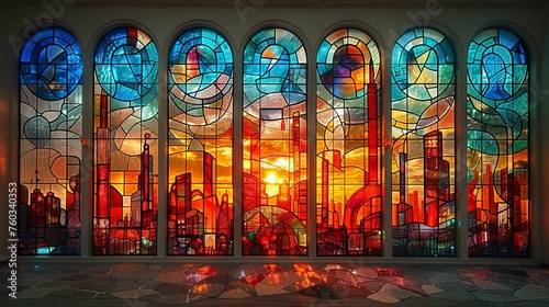 A stunning series of tall stained glass windows in a church, with the warm hues of a sunset reflecting through, creating a serene atmosphere.