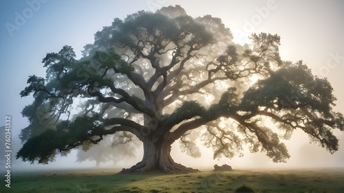 The morning mist envelopes an ancient oak  adding an ethereal touch to its venerable presence
