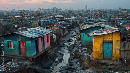 Slums are overcrowded with dilapidated housing and blue roofs.