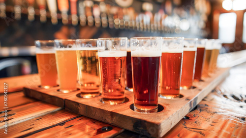 Assorted Craft Beer Flight on Wooden Sampler.