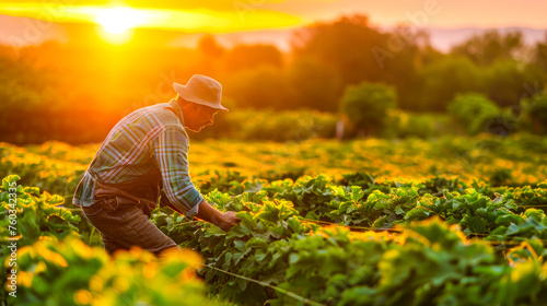 Farmer Tending to Crops at Sunrise in the Field.