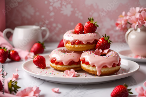 Delightful Decadence Twin Fluffy Strawberry Donuts Adorned on a Plate with Exquisite Decor