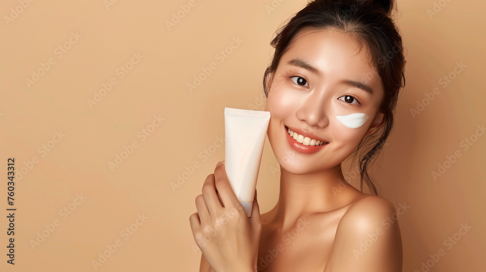 Asian Korean girl with natural beauty, holding a white facial cream tube bottle, with a cheerful facial expression, her skin glows healthy and moisturized, Ai Generated Images Asian Korean girl with natural beauty, holding a white facial cream tube bottle, with a cheerful facial expression, her skin glows healthy and moisturized, Ai Generated Images