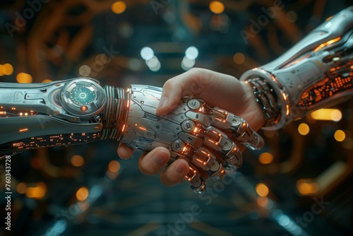 handshake of a human and a robot close-up. Shaking hands with a digital partner.