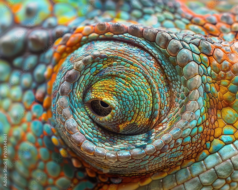 Obraz premium A macro shot of a chameleons skin focusing on the color-changing scales and texture