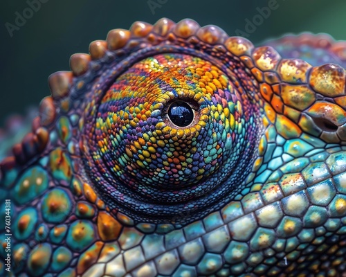 A macro shot of a chameleons skin focusing on the color-changing scales and texture