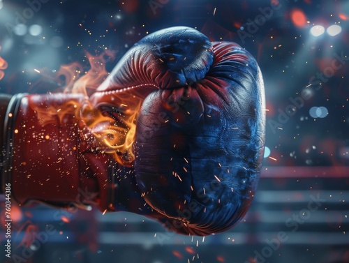 A boxing glove with a red and blue design is on fire