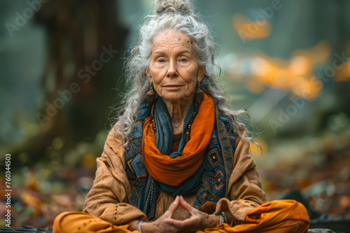 An elderly spiritual woman practicing yoga in the forest sits in the lotus position and meditates. photo