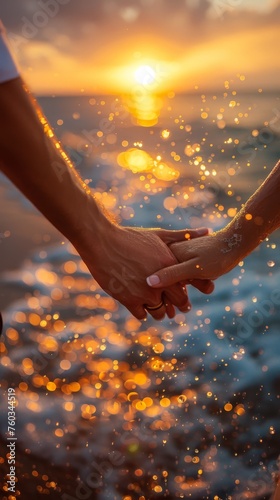 A couple holding hands in the ocean at sunset
