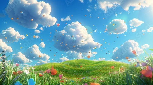 A field of flowers with a sky full of colorful balloons