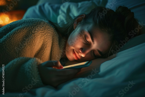 Depressed woman lying on bed using smartphone at late night photo