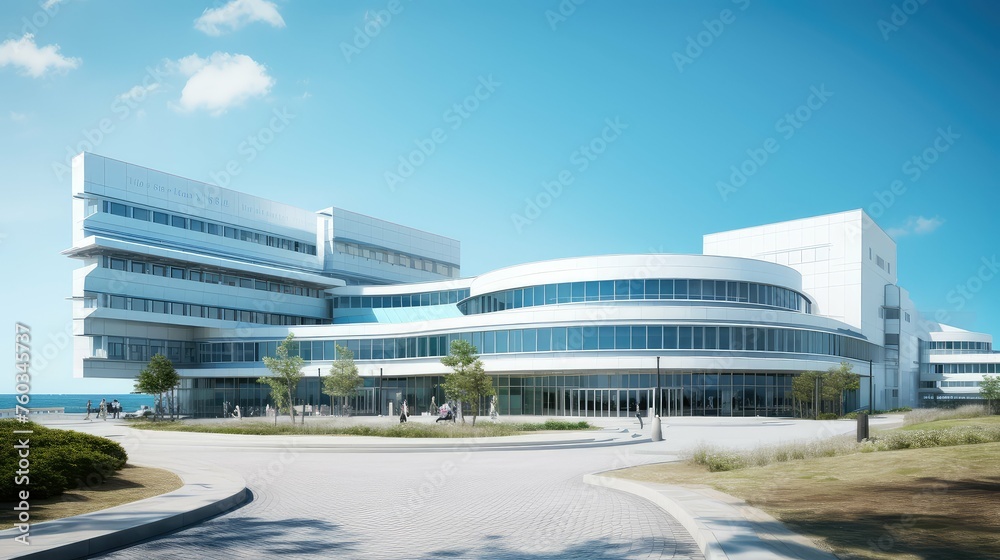 architecture bright hospital building illustration medical facility, clean spacious, technology innovative architecture bright hospital building