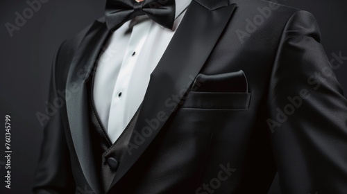 A man in a black suit with a black bow tie