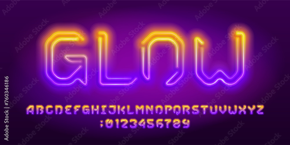 Glow alphabet font. Neon color futuristic letters and numbers. Stock vector typescript for your design.