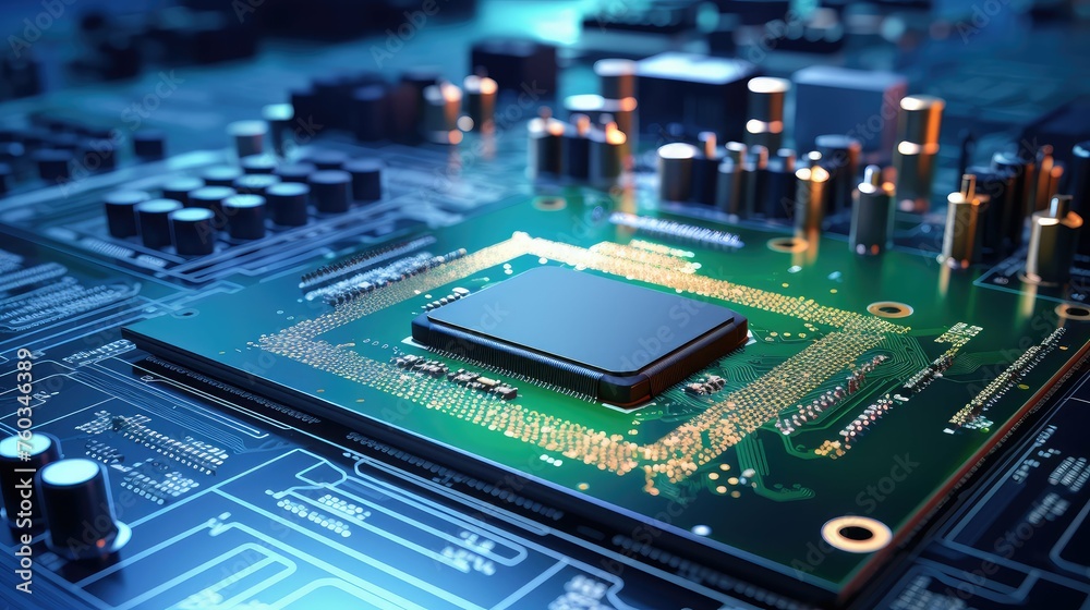 Fototapeta premium manufacturing processor electronics factory illustration components automation, robotics innovation, engineering quality manufacturing processor electronics factory