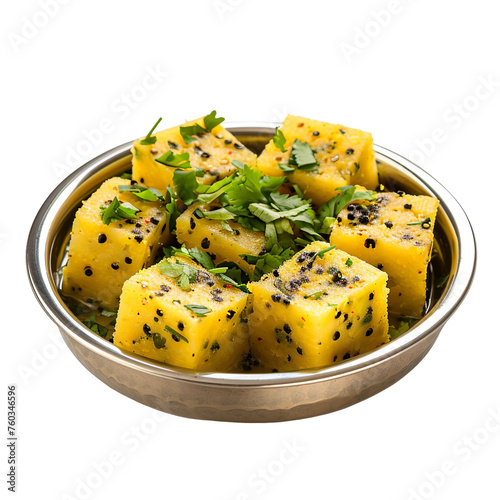  front view of appetizing Khaman Dhokla in a classic steel thali, food photography style isolated on a white transparent background photo