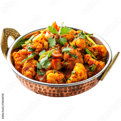 front view of appetizing Punjabi Aloo Gobi in a vintage copper plate, food photography style isolated on a white transparent transparent background photo