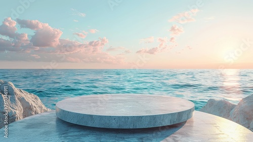 A large  round stone platform sits on a rocky shoreline overlooking the ocean
