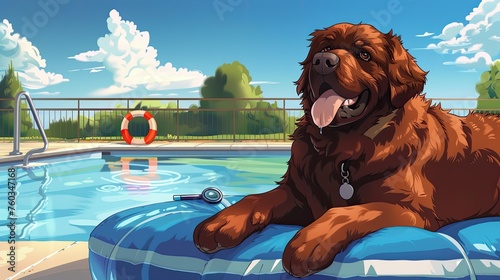 A cartoonish Newfoundland dog as a lifeguard