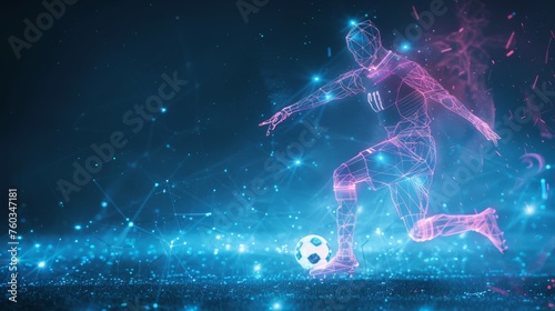 A man in a soccer jersey kicks a soccer ball on a field