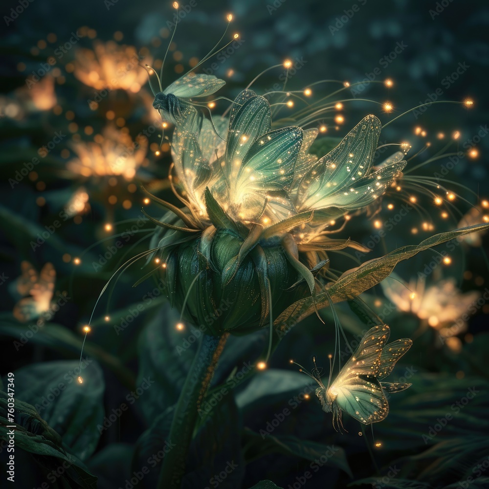 Obraz premium A magical bud that opens to release a swarm of luminescent fairies