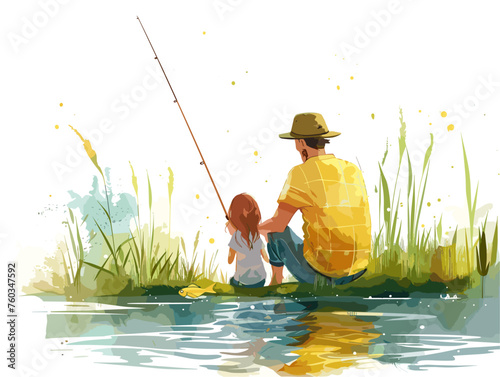  A father and daughter enjoy a peaceful evening fishing together appreciating the quiet companionship. 