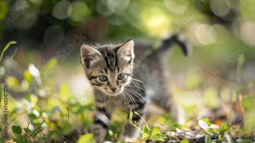 Cute little kitten playing in the grass with bokeh background © engkiang