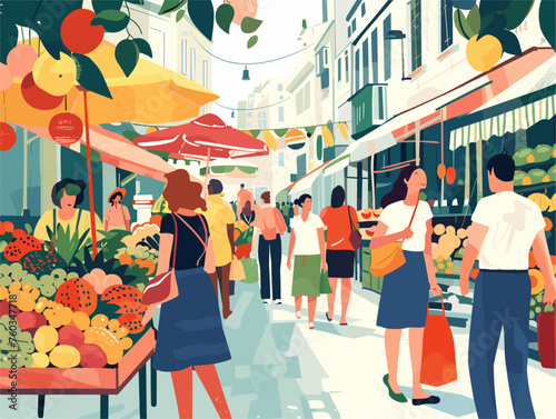  Tourists explore a bustling city market the air filled with the sweet scent of fresh summer fruits and the sounds of haggling vendors. 